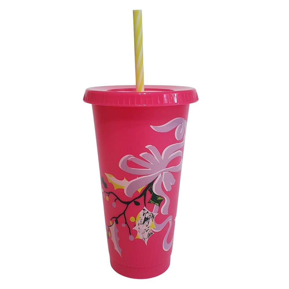 Starbucks Holiday 2022 Cold Cup Tumbler Pink Yellow Festive 24 Ounce Collectible